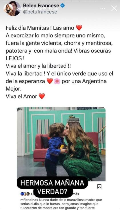 El llamativo mensaje de Belén Francese de este domingo por el Día de la Madre