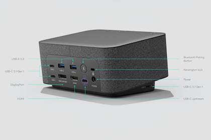 El Logi Dock de Logitech combina un parlante con micrófono y una zapatilla multiconexión para reducir la cantidad de cables en el escritorio