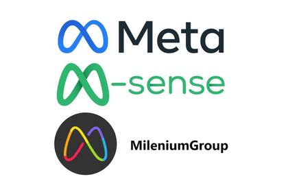 El logo de Meta (la dueña de Facebook) en azul, junto al verde de M-Sense y al multicolor de MileniumGroup