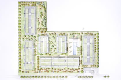 El lote en forma de 'L' tendrá una circulación perimetral de caminos ondulantes y en zigzag con árboles principalmente nativos como Lapacho, Jacarandá e Ibirá Pitá que acompañan la escala de los edificios. Acuarela de Clara Billoch