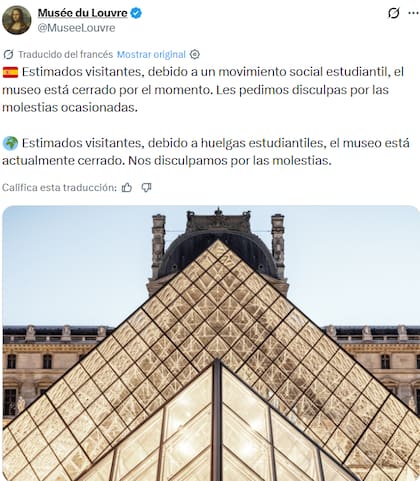 El Louvre anunció a los visitantes que sus puertas están cerradas por una protesta estudiantil