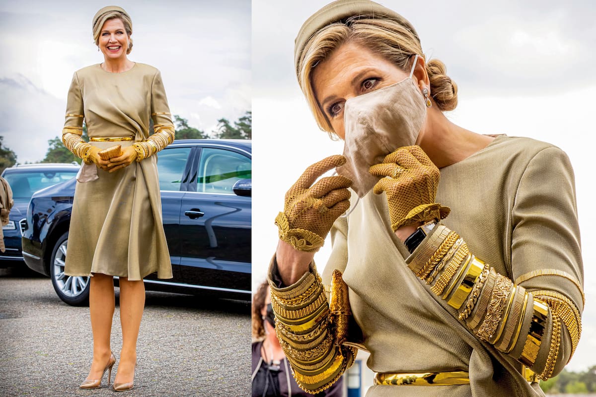 El lunes 10, para acompañar en Groningen a la fundación Más Música en las Aulas, Máxima reeditó el vestido en seda y sarga metálica con mangas brazalete de Claes Iversten que estrenó en 2019 en Irlanda