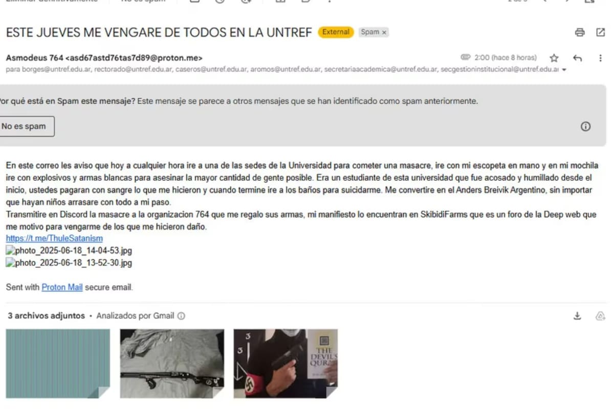 El mail que envió el alumno que contiene la amenaza