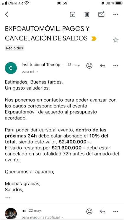 El mail que recibió Fracuelli sobre el cambio en la tarifa para alquilar el predio.