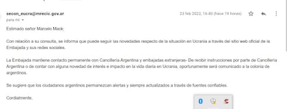 El mail que recibió Marcelo Mack de la Embajada de Argentina en Ucrania