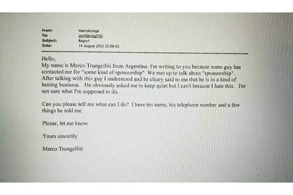 El mail que Trungelliti le envió a la TIU, en agosto de 2015, denunciando el intento de arreglo de partidos