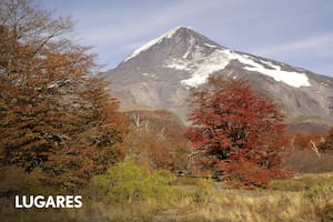 El majestuoso volcán Lanín y los árboles que comienzan a cambiar sus colores a fines de marzo
