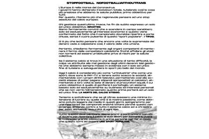 El manifiesto "Paren el fútbol, no hay fútbol sin hinchas", firmado por hinchas de varios países europeos