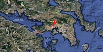El mapa activo de incendios es un servicio ofrecido y producido por NASA FIRMS a partir de los datos recabados por los satélites muestra los focos en Grecia. El Sistema de Información sobre Incendios para la Gestión de Recursos (FIRMS) de la NASA distribuye datos de incendios activos en tiempo casi real.