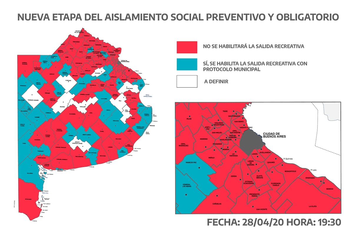 El mapa actualizado de los municipios donde se habilitó y donde están prohibidas las salidas recreativas