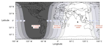 El mapa compartido por la NASA muestra la visibilidad que tendrá el eclipse lunar en el planeta