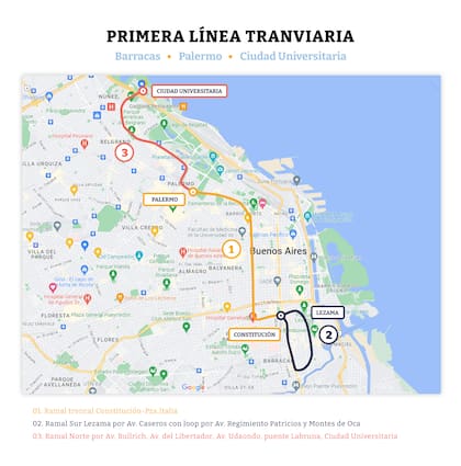 El mapa con el recorrido que tendría el tranvía en sus tres tramos