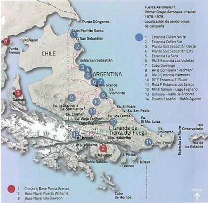 El mapa con la ubicación de los aeródromos de campaña en Tierra del Fuego para la Operación Tronador. Cuenta Loubet: "Eran pistas que tenían las estancias, que se mejoraron. Cada una tenía su depósito de combustible y de munición. Después del 78, seguimos usando esos puntos para reabastercernos de combustible. Habían quedado tanques de 200 litros por toda la isla. Volábamos con una bomba manual para trasvasar combustible".