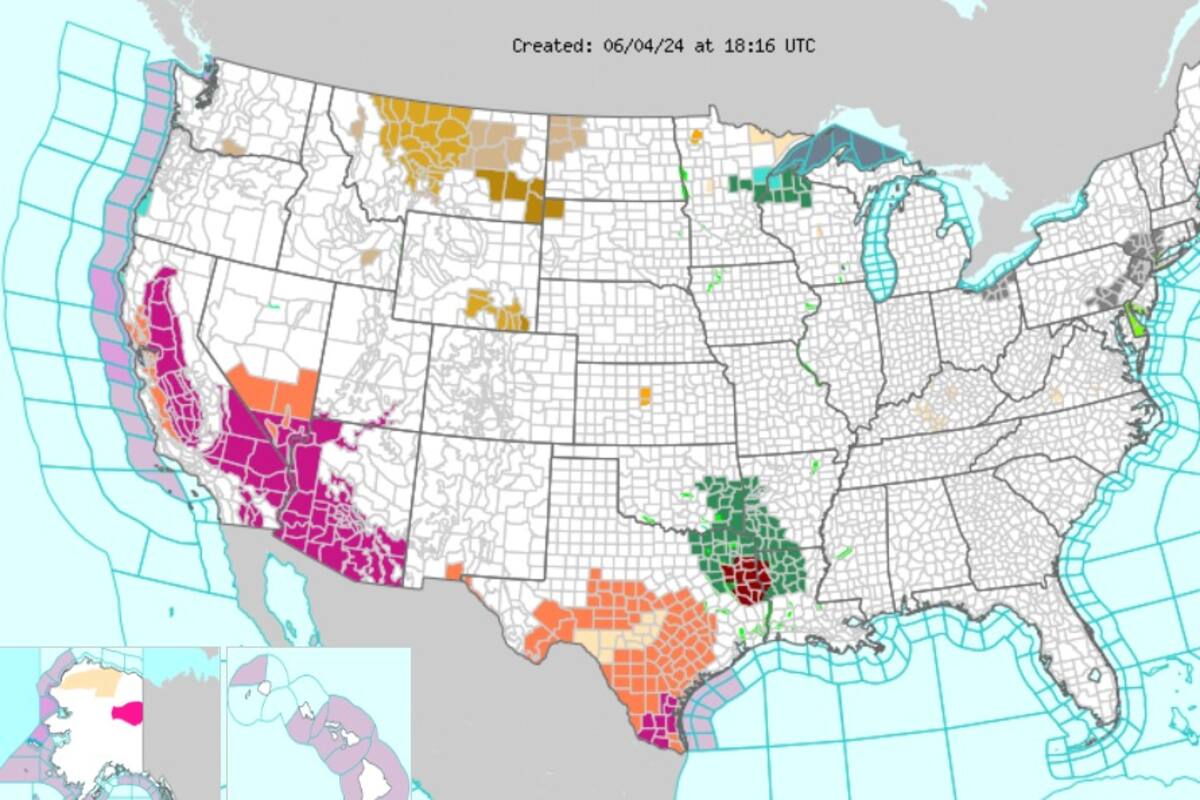 El mapa con las alertas por riesgo de calor en California, Nevada, Arizona, Nuevo México y Texas