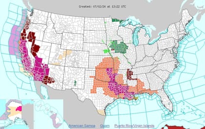 El mapa con los avisos de calor (naranja) y alertas por calor excesivo (violeta) en EE.UU.
