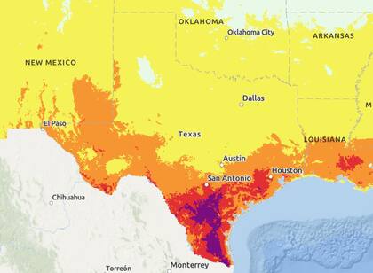 El mapa con los distintos niveles de riesgo por calor extremo en Texas