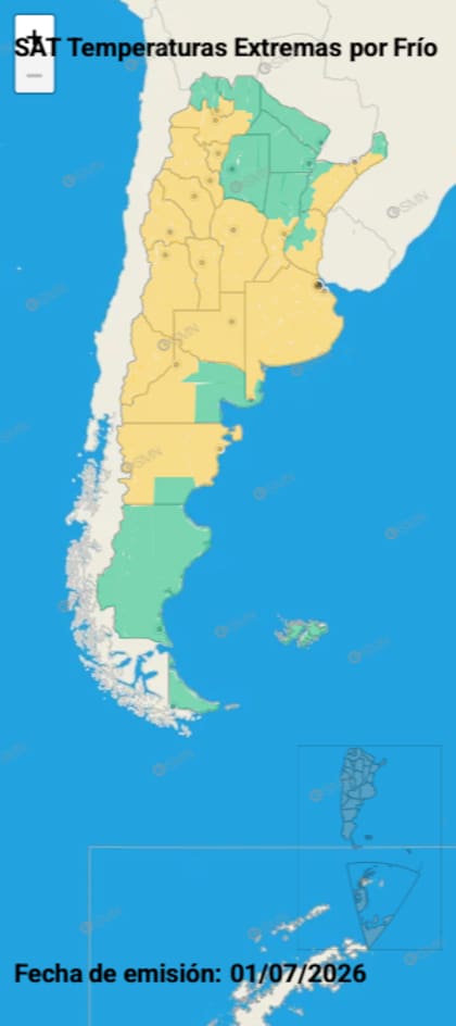 El mapa de advertencias por frío extremo del SMN para este jueves