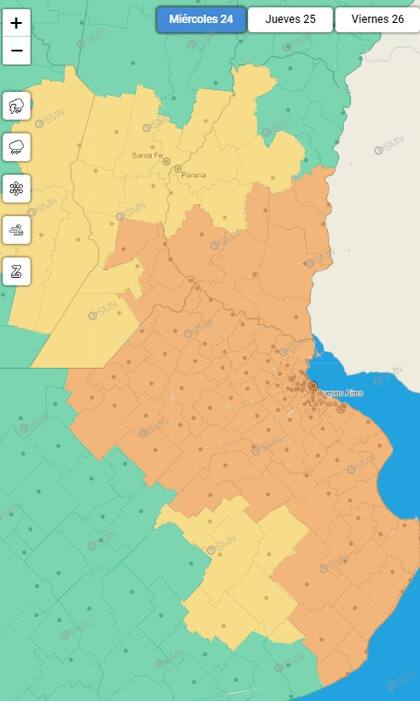 El mapa de alerta naranja difundido por el SMN