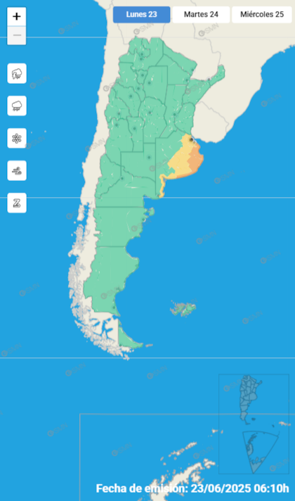 El mapa de alertas del Servicio Meteorológico Nacional para este lunes 23 de junio