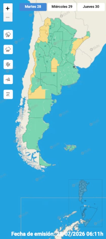 El mapa de alertas del SMN para este martes