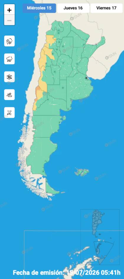 El mapa de alertas del SMN para este miércoles