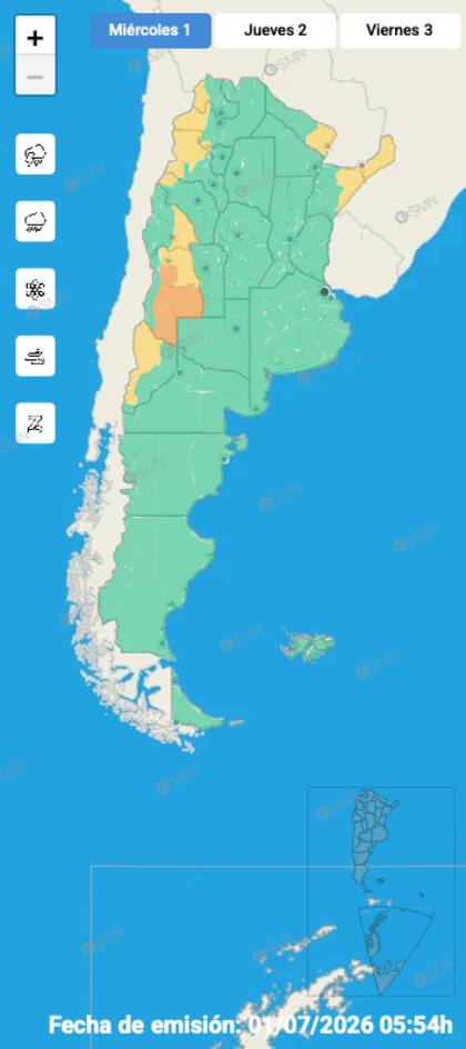 El mapa de alertas del SMN para este miércoles
