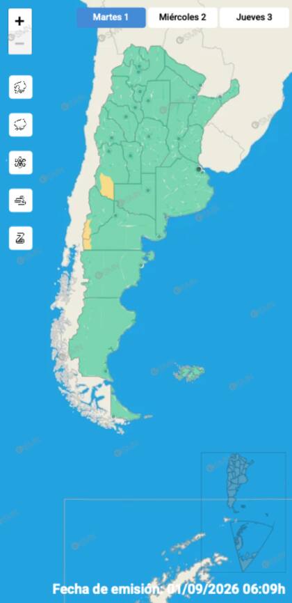 El mapa de alertas del SMN para este martes