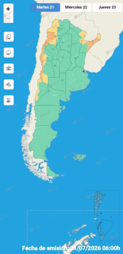 El mapa de alertas del SMN para este martes