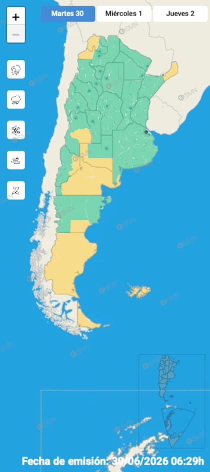 El mapa de alertas del SMN para este martes
