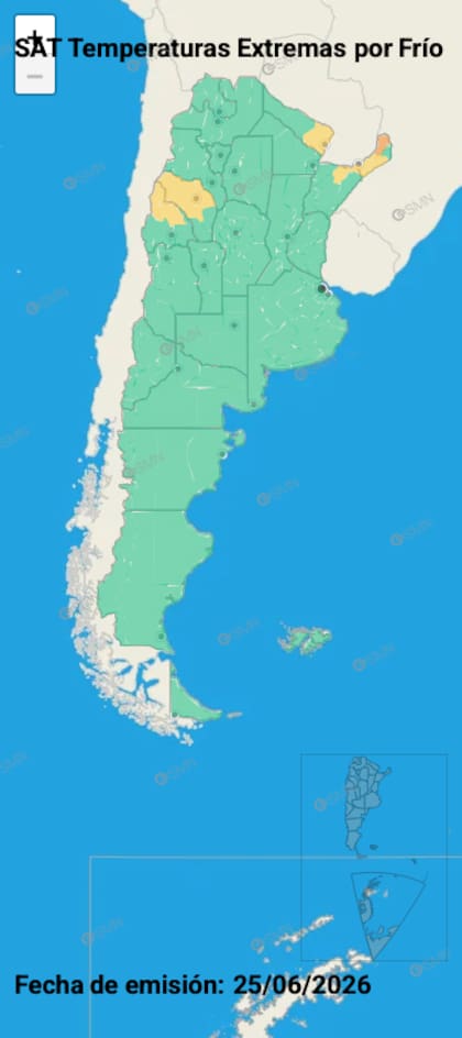 El mapa de alertas del SMN por temperaturas extremas para esta jornada