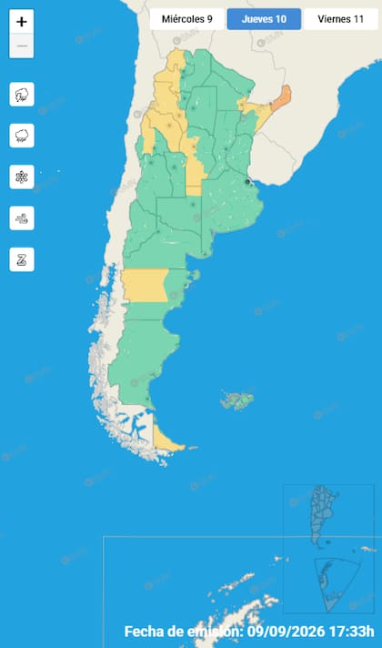 El mapa de alertas para este jueves 10 de septiembre