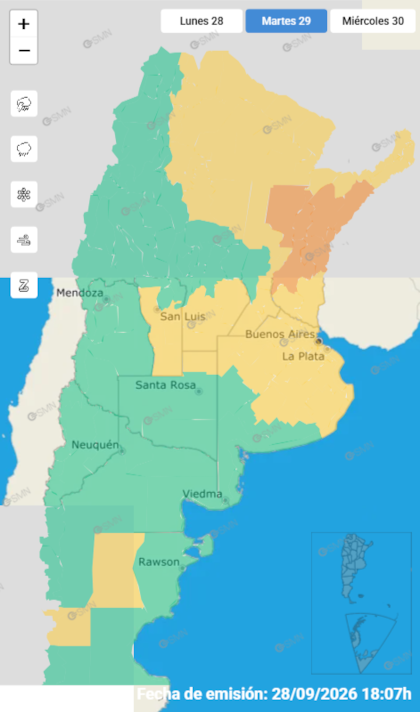 El mapa de alertas para este martes 29 de septiembre