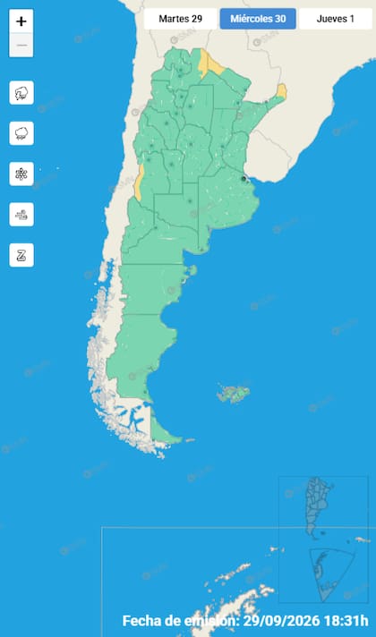 El mapa de alertas para este miércoles 30 de septiembre