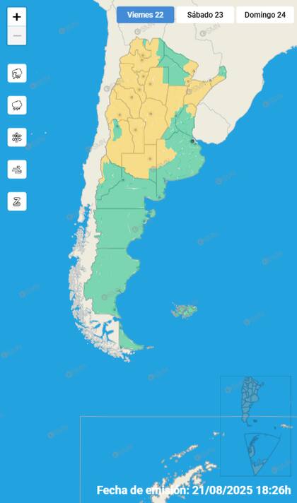 El mapa de alertas para este viernes 22 de agosto.