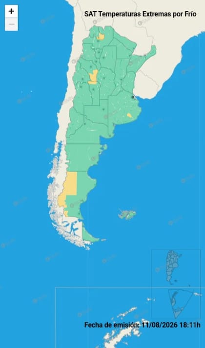 El mapa de alertas por frío extremo