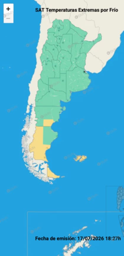 El mapa de alertas por frío extremo del SMN