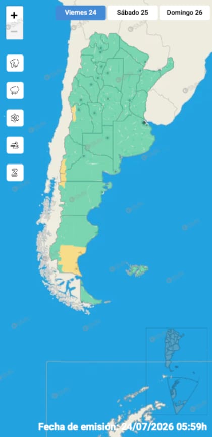 El mapa de alertas por temperatura extrema del SMN para la jornada