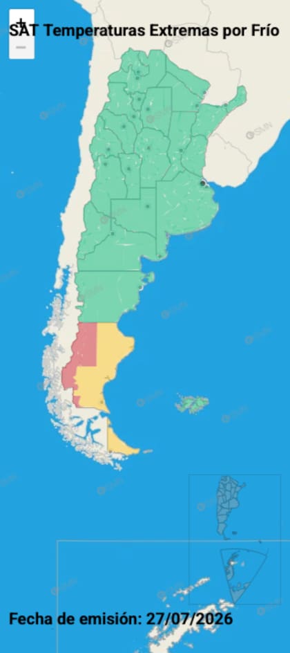 El mapa de alertas por temperaturas extremas del SMN