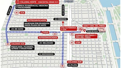 El mapa de cortes, difundido por el same, para la marcha universitaria