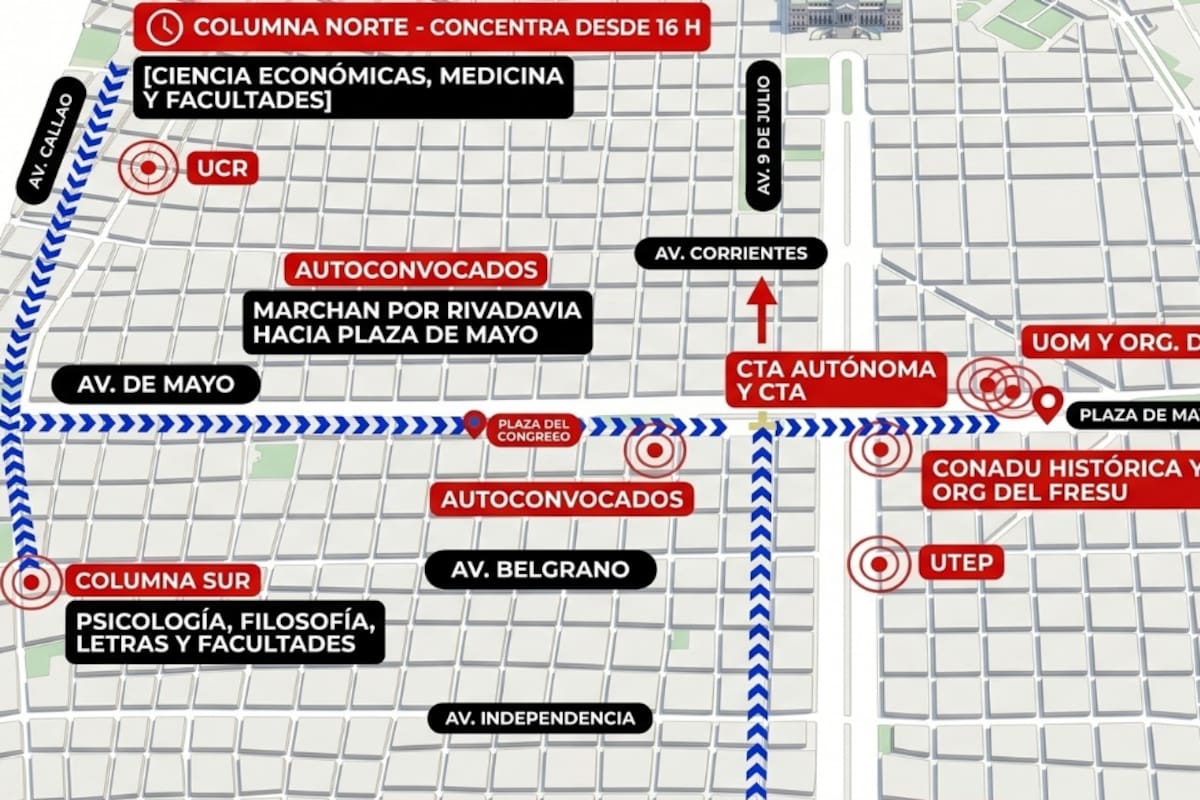 El mapa de cortes, difundido por el same, para la marcha universitaria