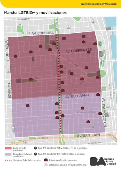 El mapa de cortes por la marcha LGTBIQ+ y movilizaciones