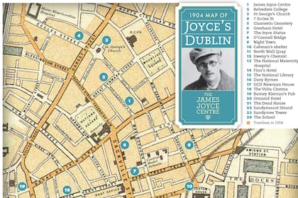El mapa de Dublin con las referencias de los sitios que visitan los protagonistas de Ulises