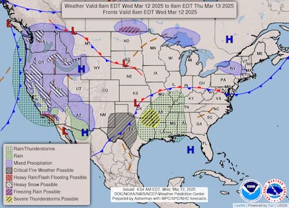 El mapa de EE.UU. con el clima del día miércoles 12 de marzo