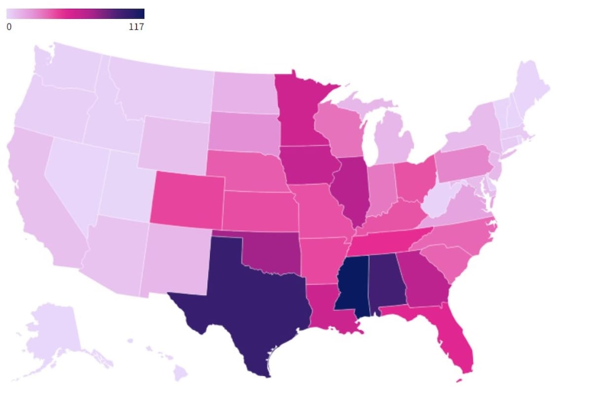 El mapa de EE.UU. con los estados donde hay mayor promedio anual de tornados