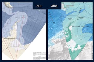 El mapa de la Armada chilena, con proyección sobre el territorio argentino; a la derecha, el mapa argentino