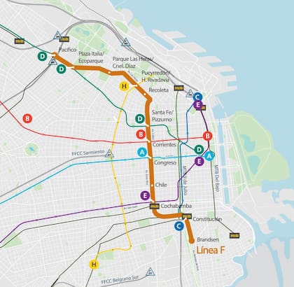 El mapa de la futura traza de la línea F