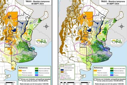 El mapa de la izquierda muestra un desecamiento versus la situación la semana pasad, a la derecha