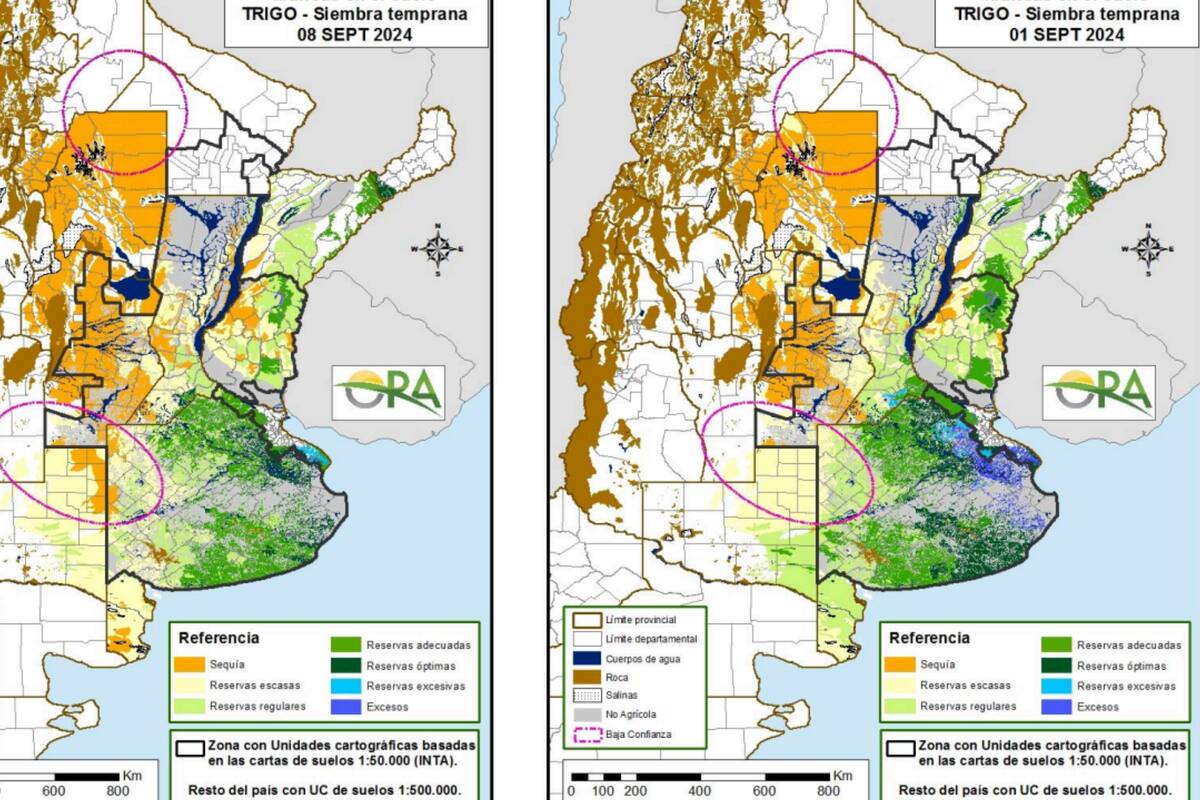 El mapa de la izquierda muestra un desecamiento versus la situación la semana pasad, a la derecha