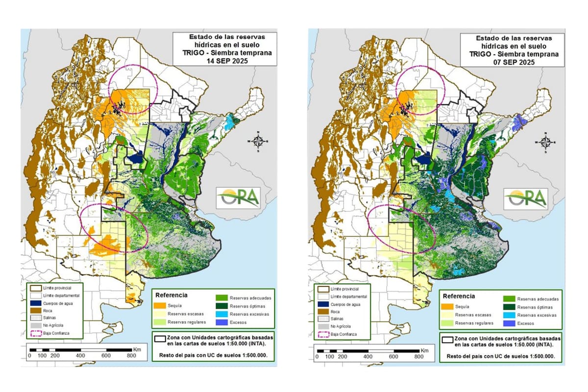 El mapa de la izquierda refleja un leve retroceso de las áreas con excesos hídricos respecto de la semana pasada