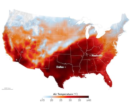El mapa de la NASA mostró áreas cercanas o superiores a 104°F (40°C) el 15 de septiembre